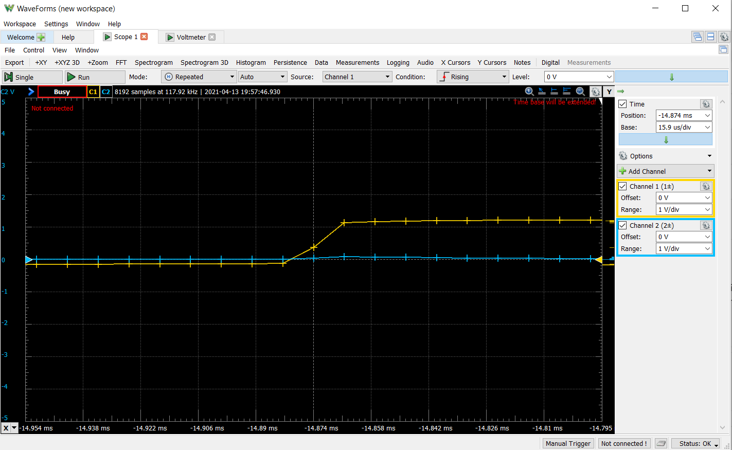 screenshot of the rising edge of the waveform generated by the erg